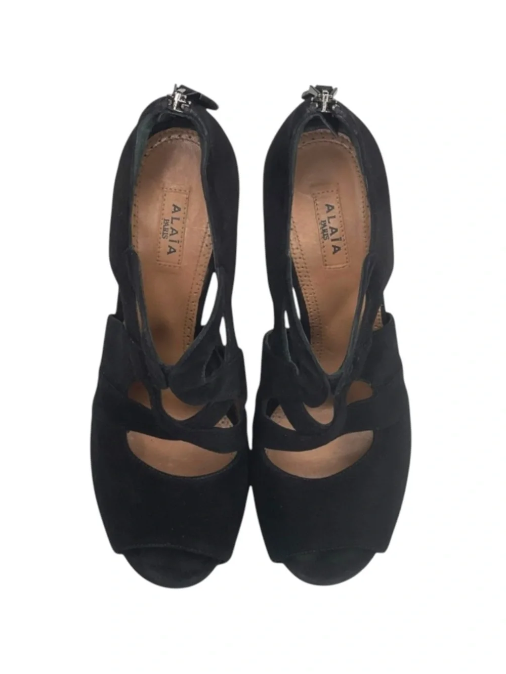 Alaia 𖦹 Cut Out Peep Toe Platform Stiletto Heel Sandals 𖦹 Black Suede 𖦹 37